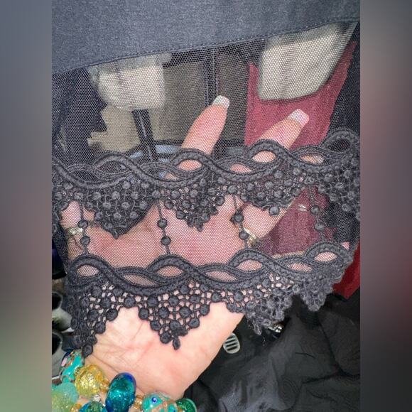 Origami Black Spandex Polyester Cotton Dress Lace Hemline Size Small - Picture 4 of 12